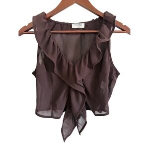 TIC TOC Chocolate Brown Chiffon Ruffle Tie Front Top S NWT